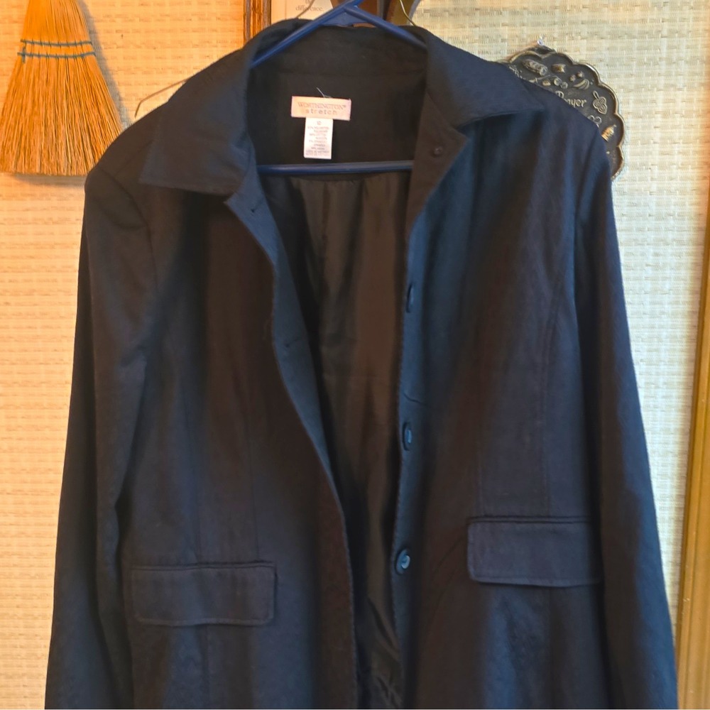 Worthington Stretch Women's 12 Black Lined Button Front Jacket Pockets Long